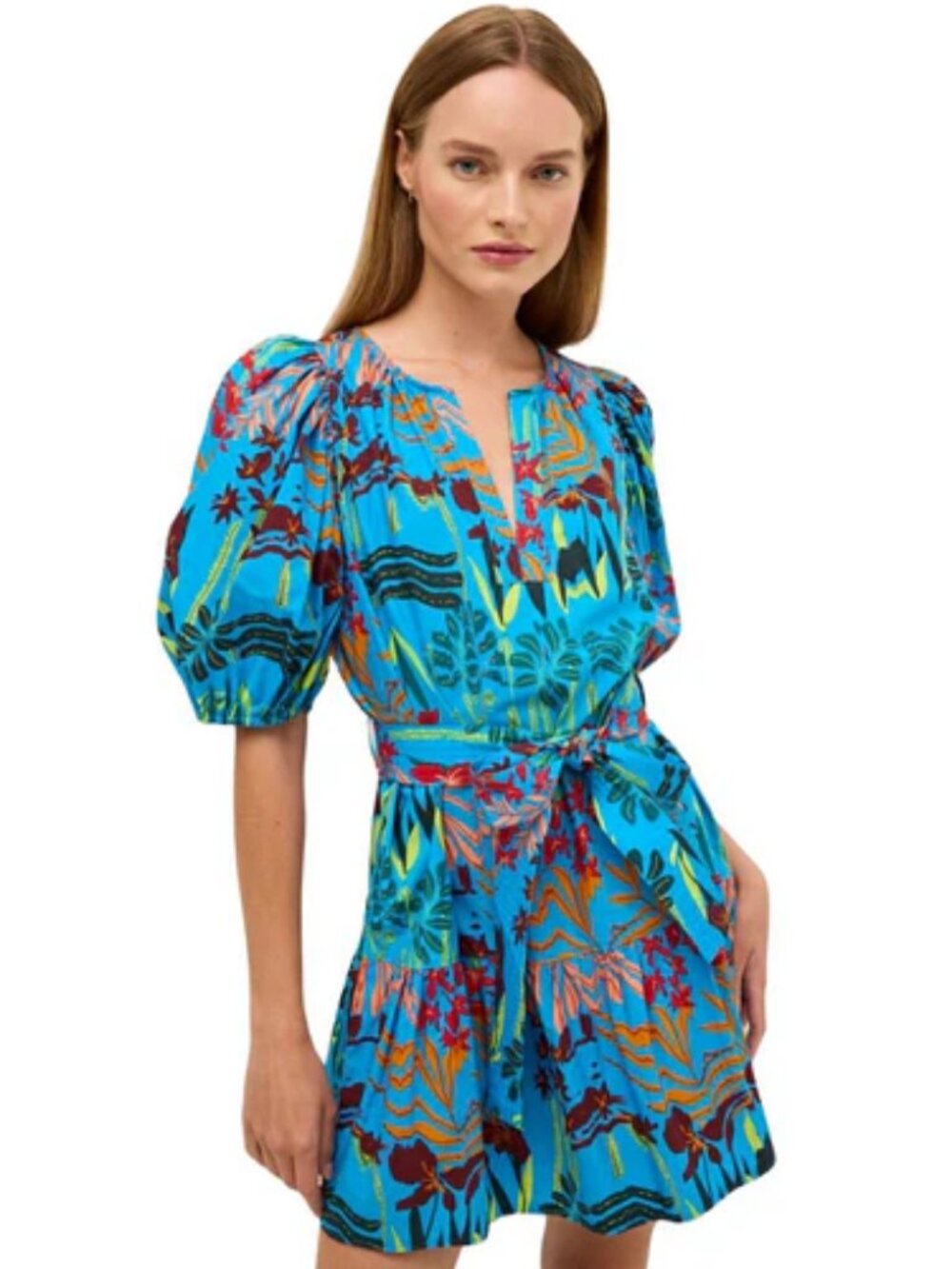 Marie Oliver Blue Tropical Print Puff-Sleeve Mini Dress